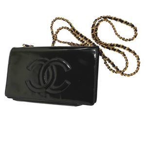 Chanel Vintage Black Patent Leather CC Logo Wallet On Chain WOC Bag
